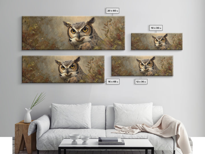 Owl Portrait with Wise Golden Eyes Framed Canvas Print, Bird Art, Living Room Art, Living Room Decor, Fine Art, Flight, BIR-3x1-69