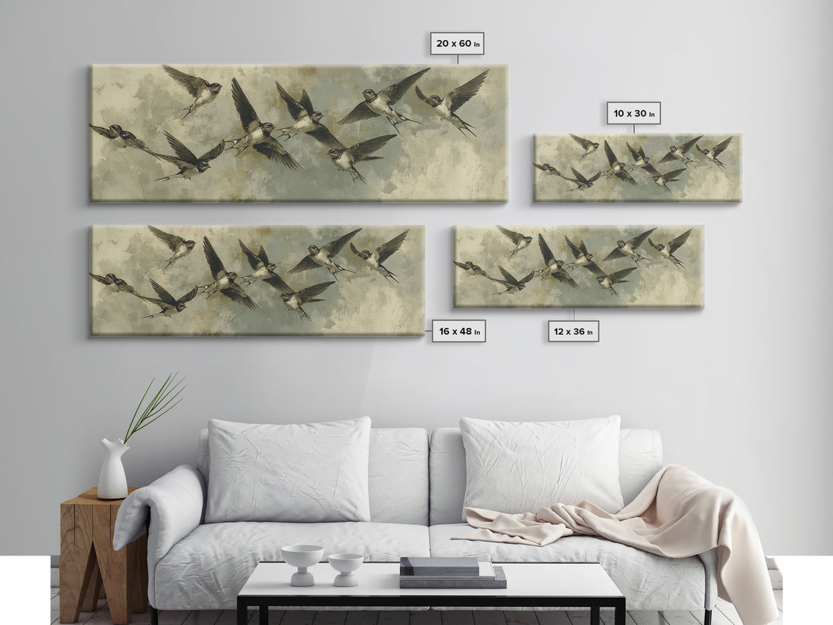 Flock of Swallows Sweeping Across Open Sky Canvas Print, Bird Art, Art Print, Living Room Decor, Oil Painting, Flight, BIR-3x1-70