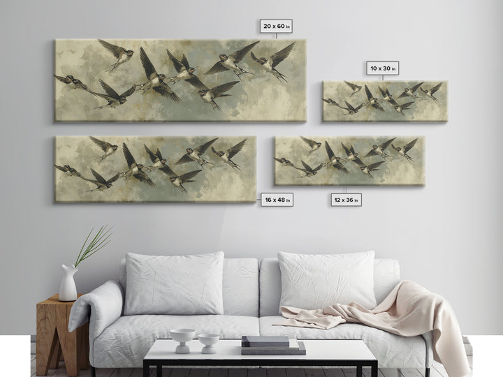 Flock of Swallows Sweeping Across Open Sky Canvas Print, Bird Art, Art Print, Living Room Decor, Oil Painting, Flight, BIR-3x1-70