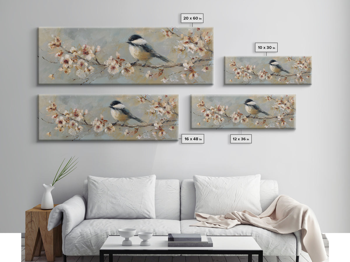 Songbird Perched on Cherry Blossoms Framed Canvas Print, Bird Art, Wall Art, Living Room Decor, Flight, Japanese Wall Art, BIR-3x1-72