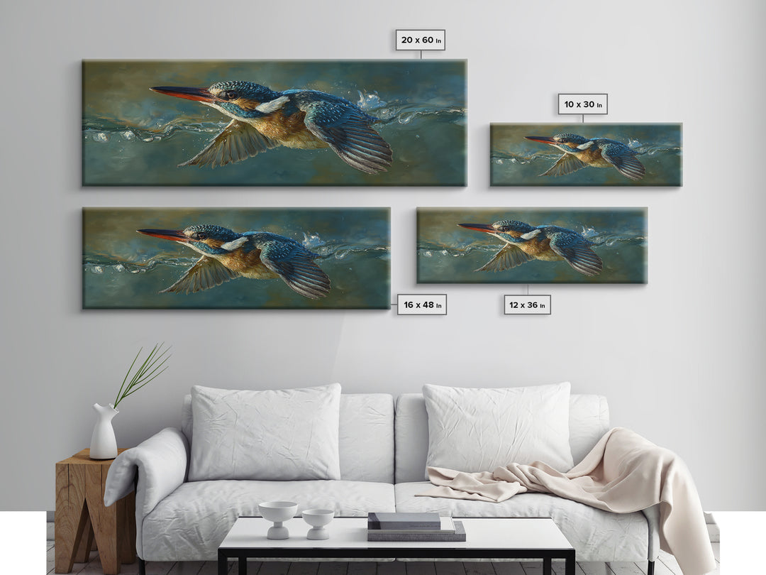 Kingfisher Diving Toward Blue Water Canvas Print, Bird Art, Farmhouse Decor, Living Room Decor, Flight, Digital Download Art, BIR-3x1-75