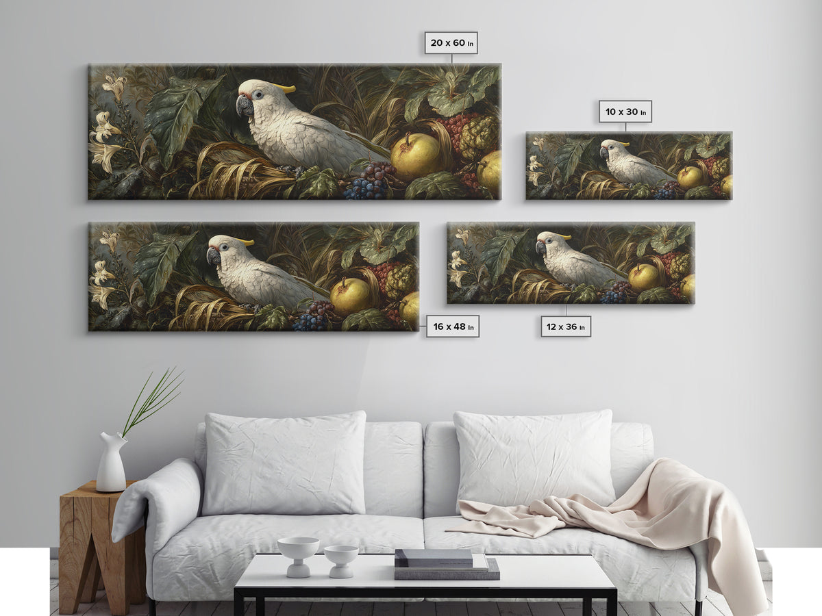 Parrot Among Tropical Leaves and Fruit Framed Canvas Print, Bird Art, Bird Prints, Living Room Decor, Fine Art, Flight, BIR-3x1-77