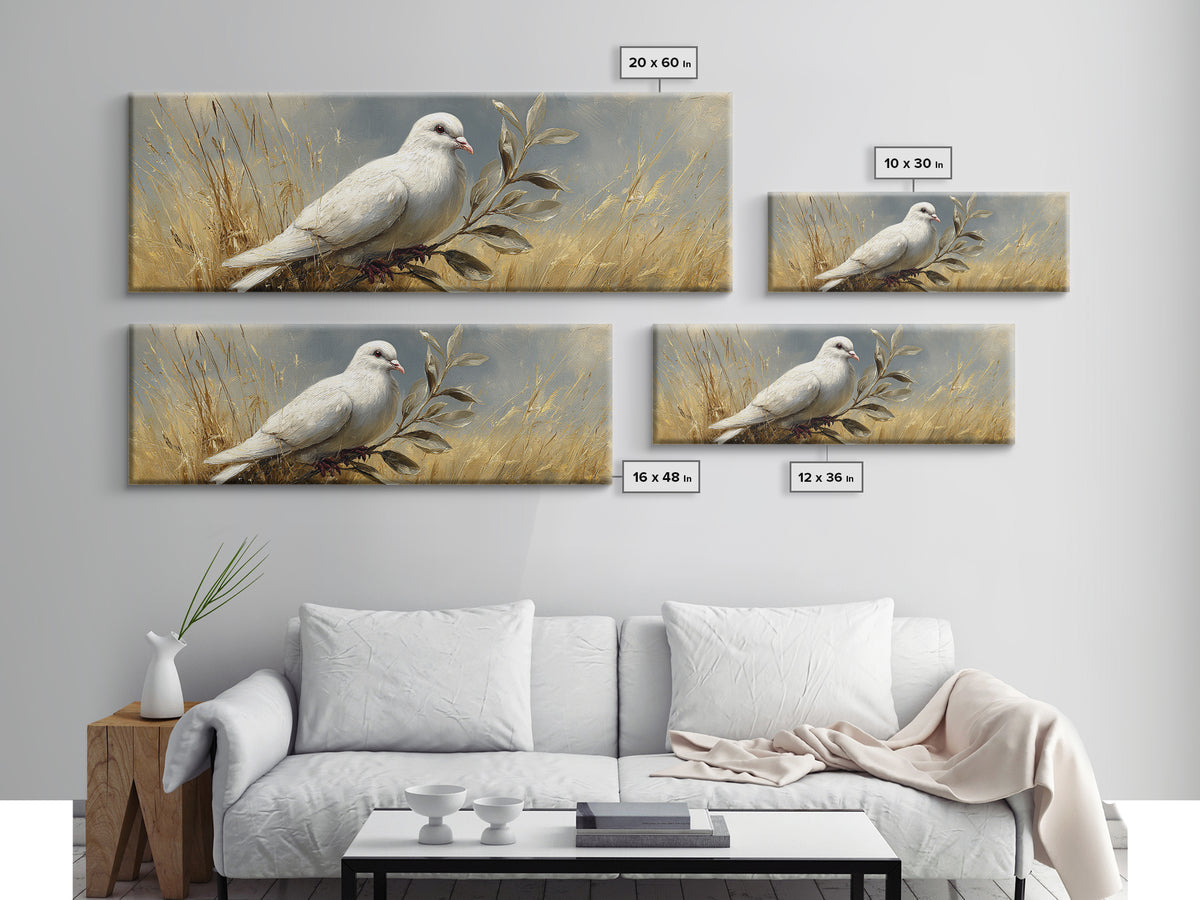 White Dove with Olive Branch and Calm Canvas Print, Bird Art, Nature Prints, Living Room Decor, Watercolor Art, Flight, BIR-3x1-8