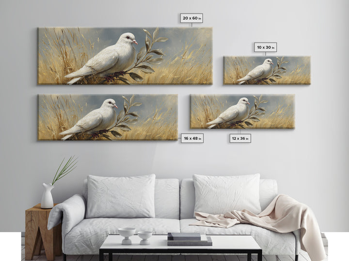 White Dove with Olive Branch and Calm Canvas Print, Bird Art, Nature Prints, Living Room Decor, Watercolor Art, Flight, BIR-3x1-8