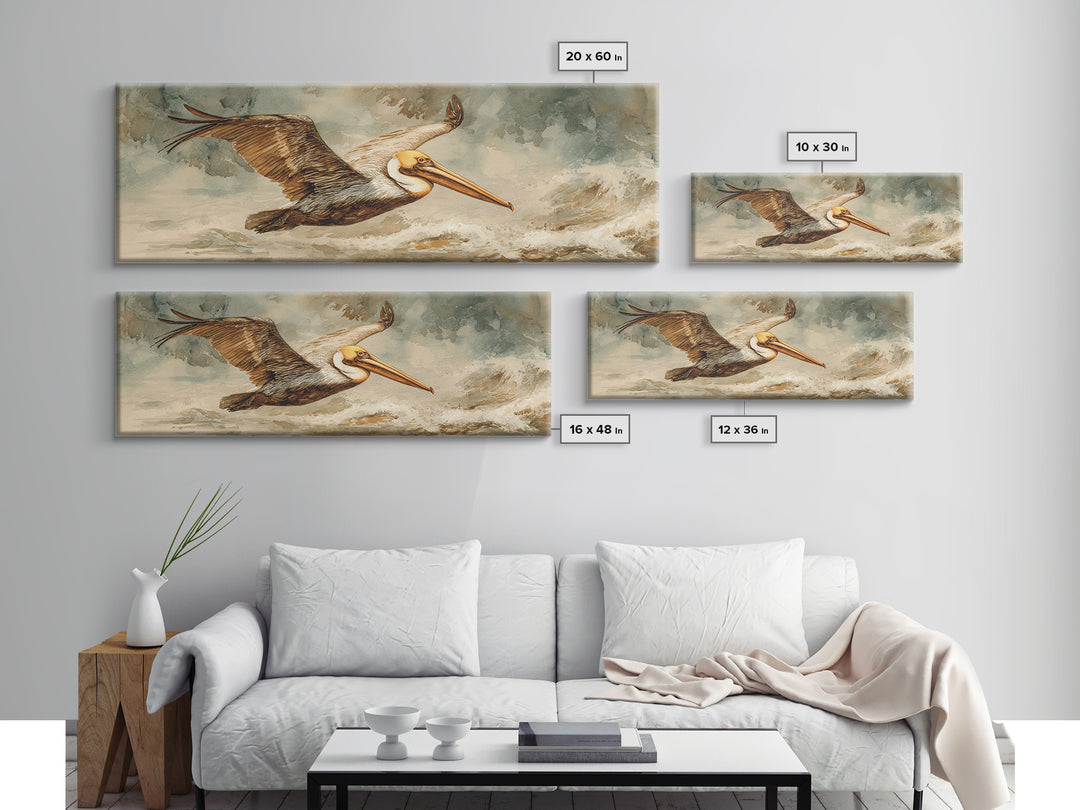 Pelican Flying over Coastal Waves Framed Canvas Print, Bird Art, Japanese Wall Art, Living Room Decor, Fine Art, Flight, BIR-3x1-82