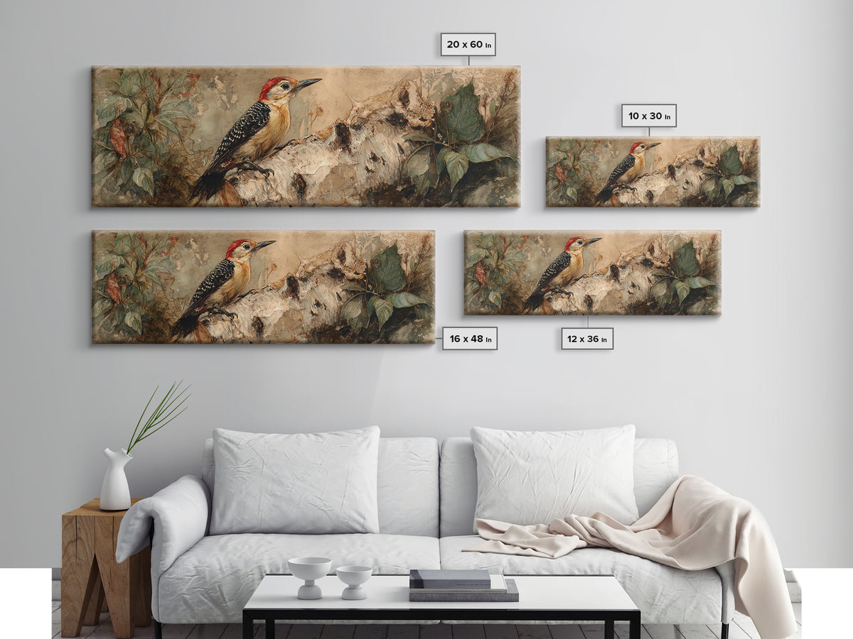 Woodpecker on Birch Bark Texture Canvas Print, Bird Art, Digital Download Art, Living Room Decor, Oil Painting, Flight, BIR-3x1-85