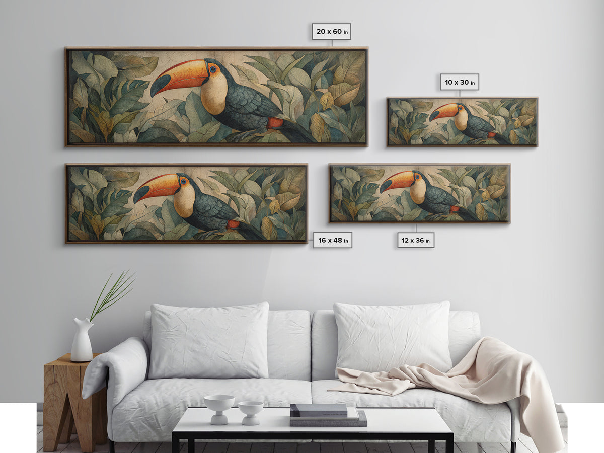 Toucan Framed by Bold Jungle Foliage Framed Canvas Print, Bird Art, Original Art, Living Room Decor, Fine Art, Flight, BIR-3x1-87