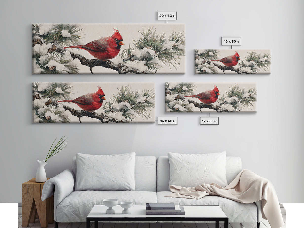 Red Cardinal on Snowy Pine Branch Framed Canvas Print, Bird Art, Floral Art, Living Room Decor, Fine Art, Flight, BIR-3x1-89