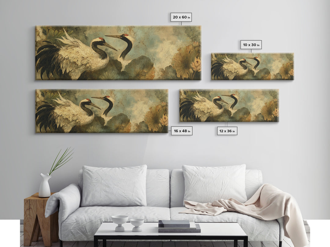 Crane and Lotus Composition Framed Canvas Print, Bird Art, Farmhouse Decor, Living Room Decor, Flight, Digital Download Art, BIR-3x1-9