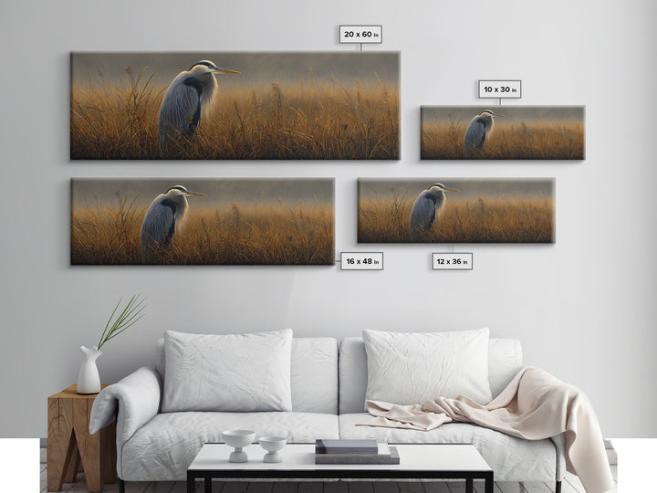 Blue Heron in Misty Marsh Grass Framed Canvas Print, Bird Art, Bird Prints, Living Room Decor, Fine Art, Flight, Modern Decor, BIR-3x1-90