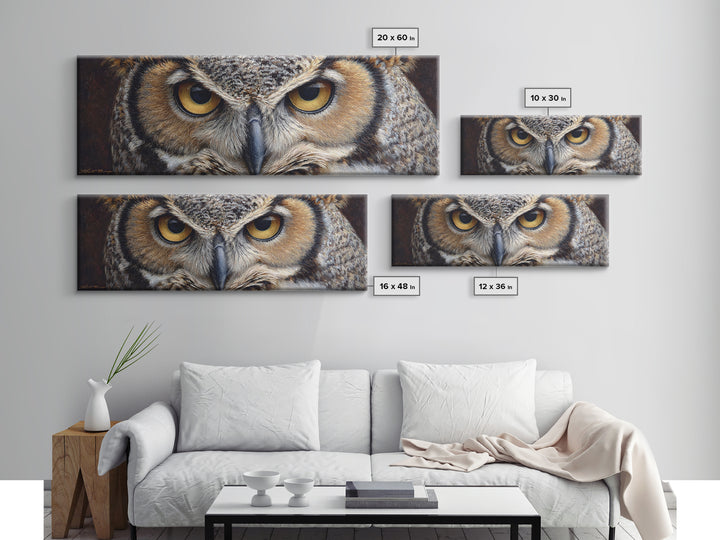 Owl Portrait with Wise Golden Eyes Canvas Print, Bird Art, Forest Wall Art, Living Room Decor, Flight, Minimalist Decor, BIR-3x1-93