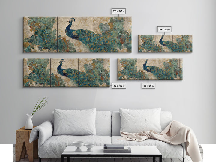 Peacock with Jewel Tone Feather Pattern Canvas Print, Bird Art, Textured Painting, Living Room Decor, Oil Painting, Flight, BIR-3x1-95