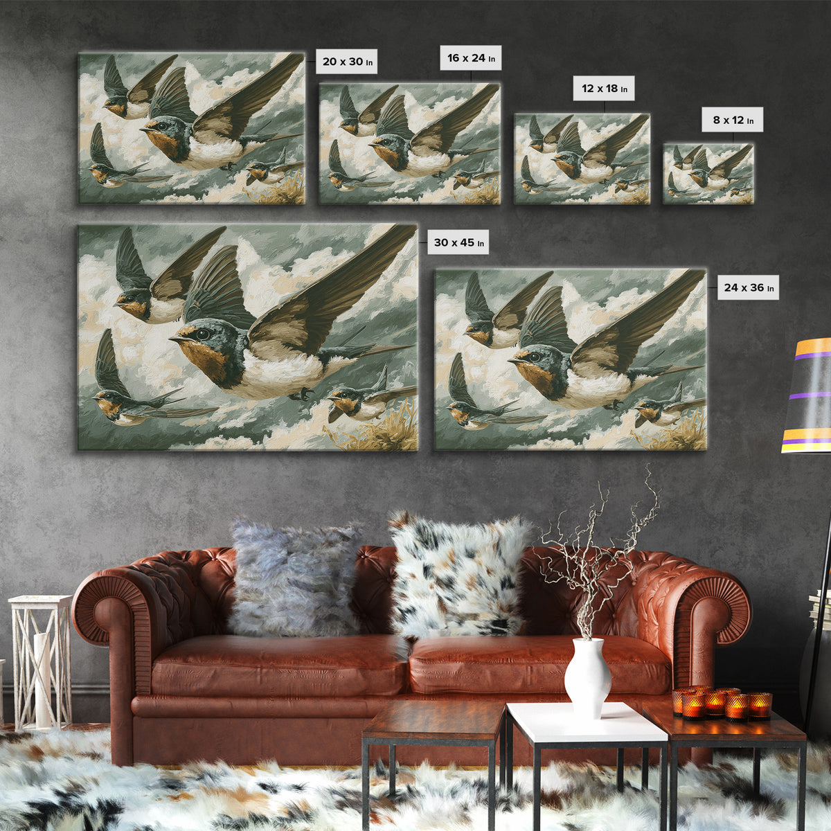 Flock of Swallows Sweeping Across Open Sky Framed Canvas Print, Bird Art, Watercolor Painting, Living Room Decor, Flight, BIR-3x2-10