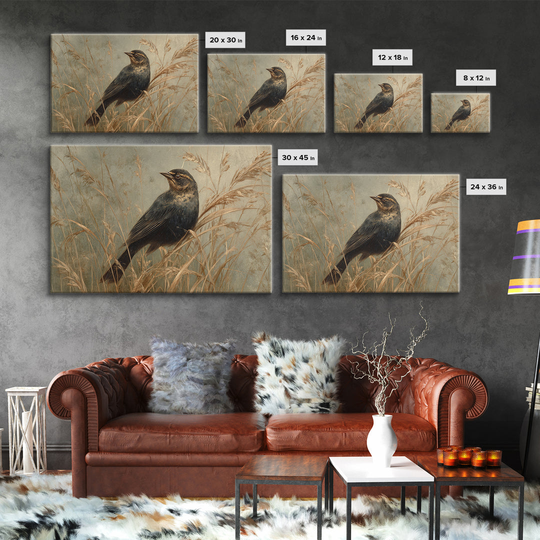 Blackbird on Gold Wheat Field Framed Canvas Print, Bird Art, Fine Art Print, Living Room Decor, Oil Painting, Flight, BIR-3x2-100