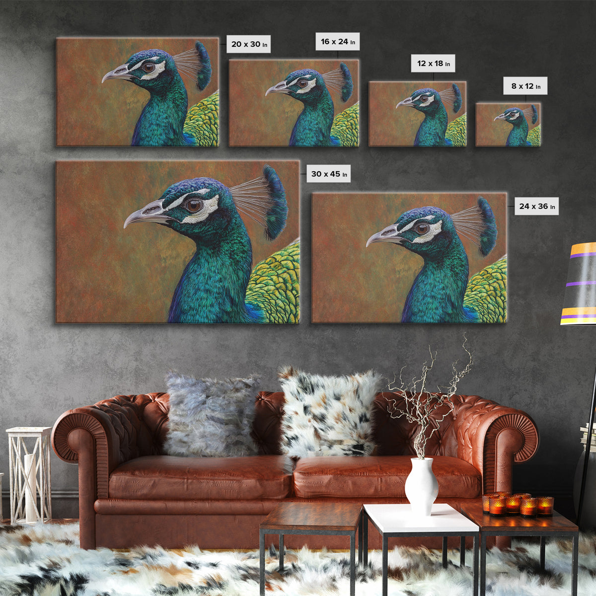 Peacock with Jewel Tone Feather Pattern Canvas Print, Bird Art, Mid Century Wall Art, Living Room Decor, Fine Art, Flight, BIR-3x2-11
