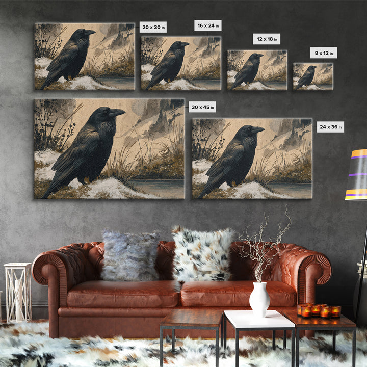 Raven Silhouette with Gothic Atmosphere Framed Canvas Print, Bird Art, Living Room Decor, Watercolor Art, Flight, BIR-3x2-13
