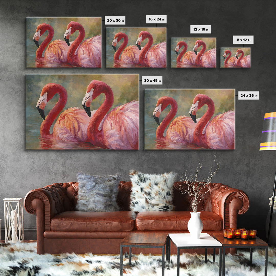 Flamingo Pair in Coral Water Reflections Framed Canvas Print, Bird Art, Original Art, Living Room Decor, Fine Art, Flight, BIR-3x2-14