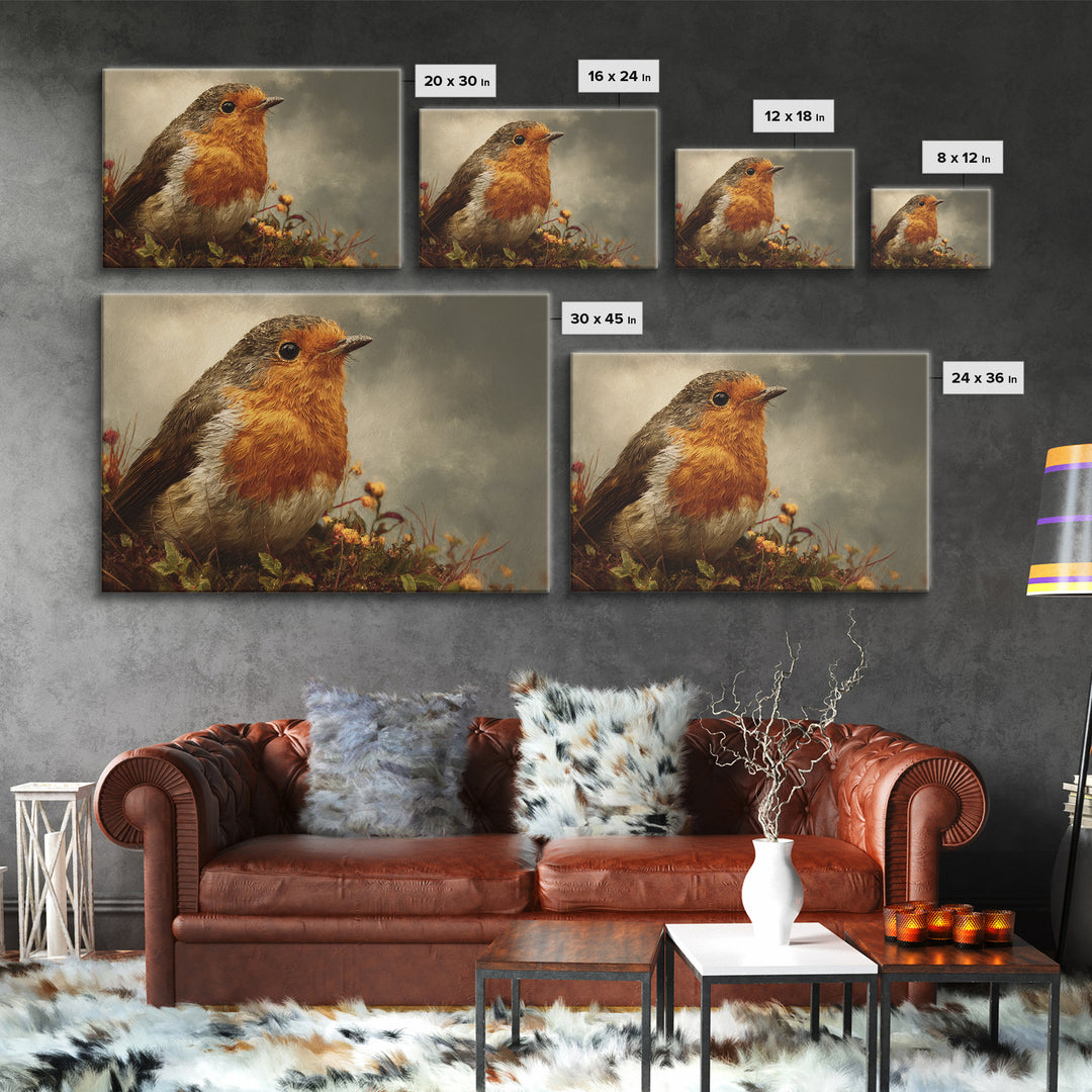 Robin in a Spring Garden with Soft Framed Canvas Print, Bird Art, Nature Prints, Living Room Decor, Fine Art, Flight, BIR-3x2-19