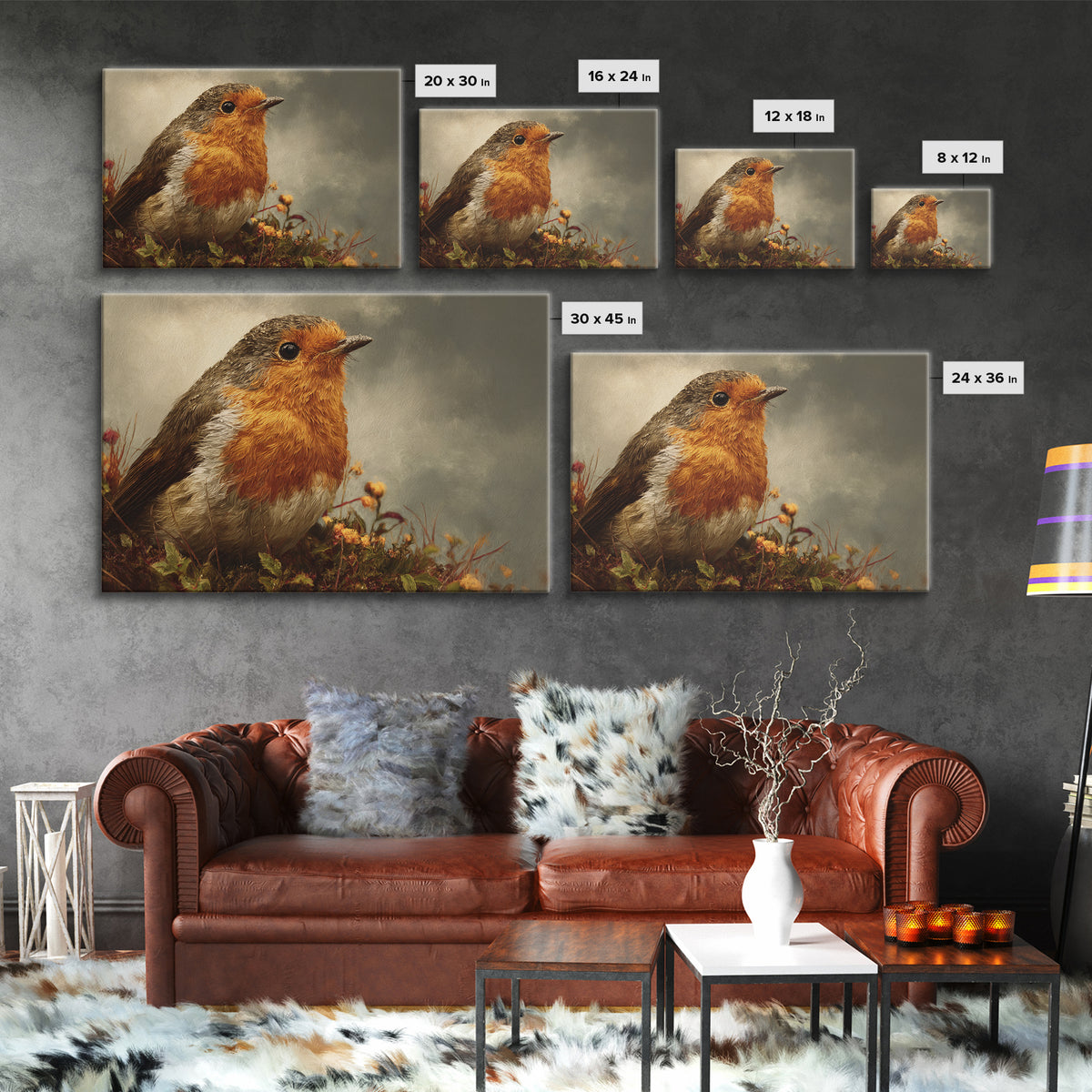 Robin in a Spring Garden with Soft Framed Canvas Print, Bird Art, Nature Prints, Living Room Decor, Fine Art, Flight, BIR-3x2-19