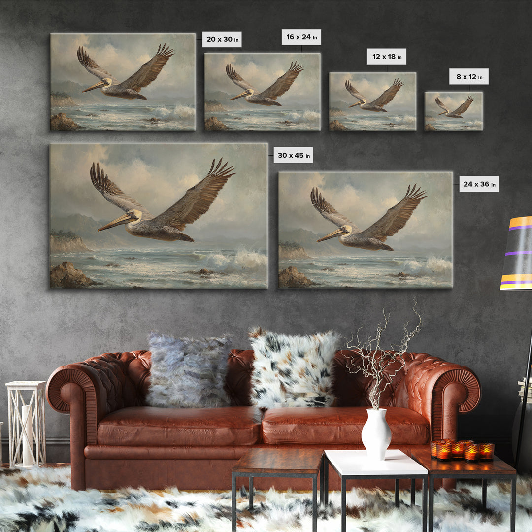 Pelican Flying over Coastal Waves Canvas Print, Bird Art, Printable Art, Living Room Decor, Oil Painting, Flight, BIR-3x2-22