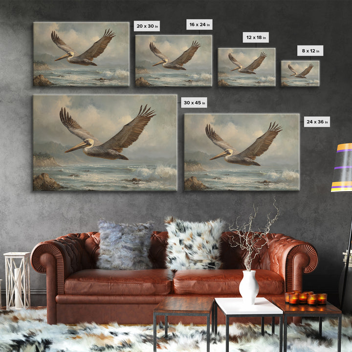 Pelican Flying over Coastal Waves Canvas Print, Bird Art, Printable Art, Living Room Decor, Oil Painting, Flight, BIR-3x2-22