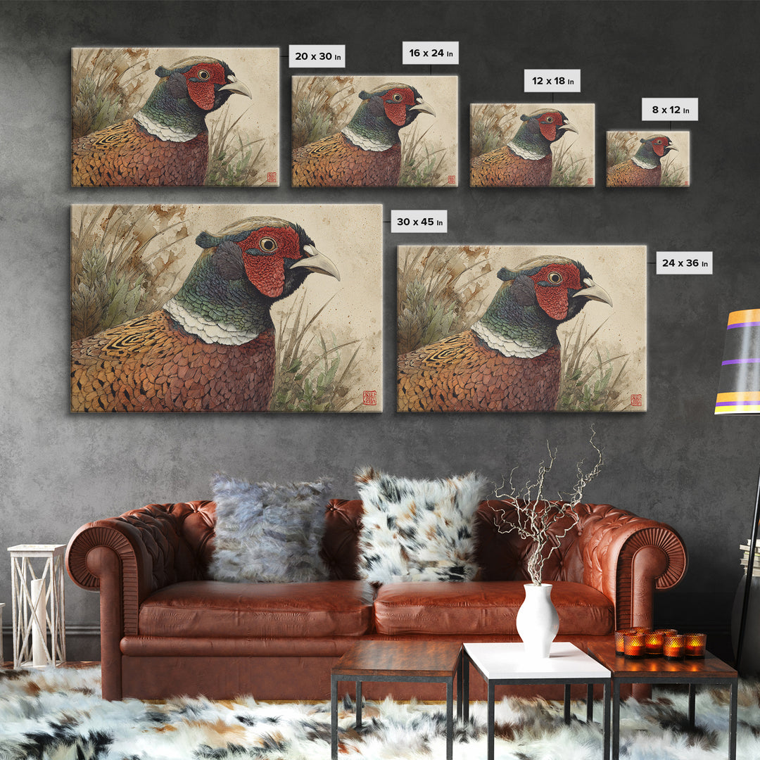 Pheasant with Ornate Feather Details Framed Canvas Print, Bird Art, Modern Art, Living Room Decor, Fine Art, Flight, Floral Art, BIR-3x2-23