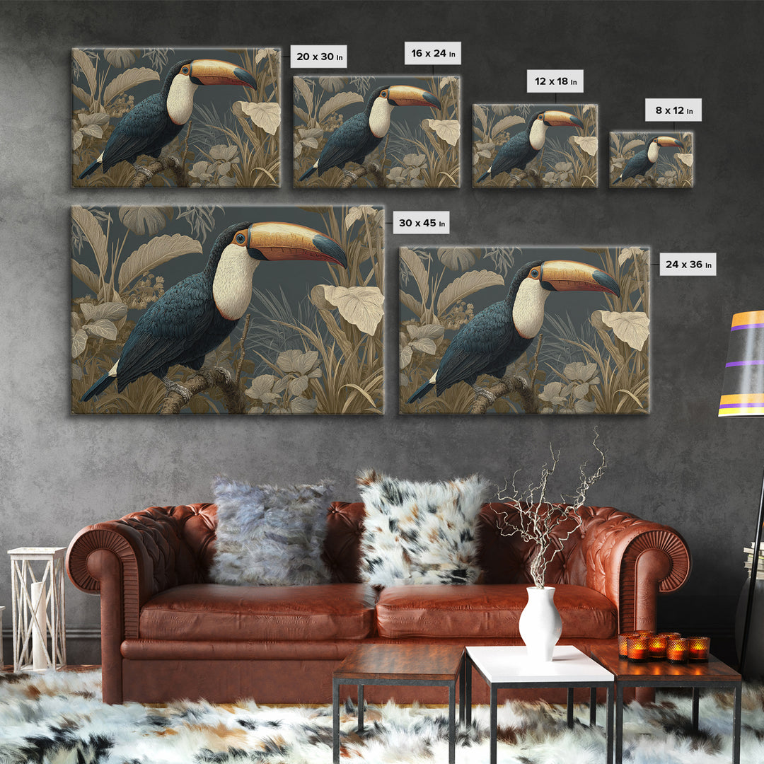 Toucan Framed by Bold Jungle Foliage Framed Canvas Print, Bird Art, Mcm Decor, Living Room Decor, Flight, Neutral Decor, BIR-3x2-27
