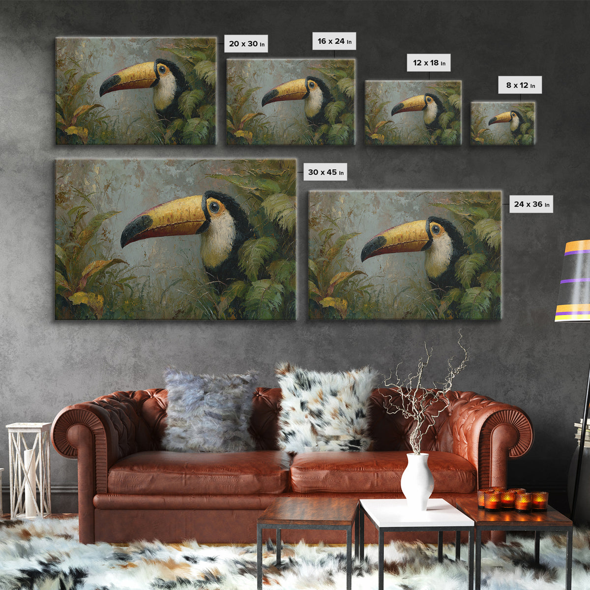 Toucan Framed by Bold Jungle Foliage Canvas Print, Bird Art, Modern Wall Art, Living Room Decor, Flight, Bird Wall Art, BIR-3x2-3