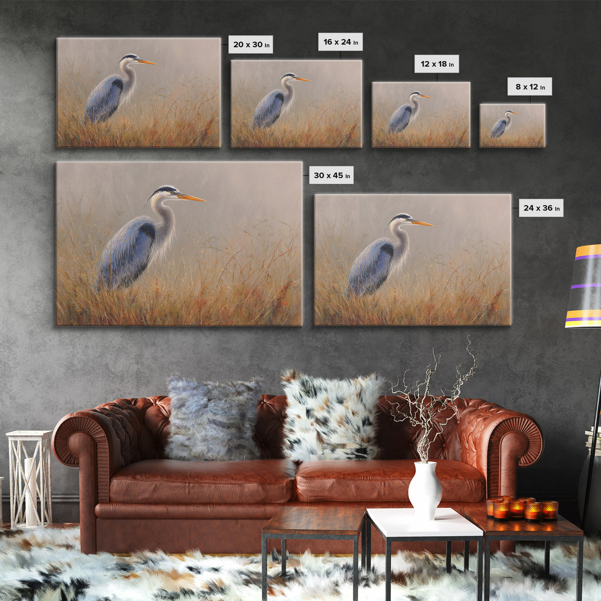 Blue Heron in Misty Marsh Grass Canvas Print, Bird Art, Modern Art, Living Room Decor, Flight, Floral Art, Forest Wall Art, BIR-3x2-30