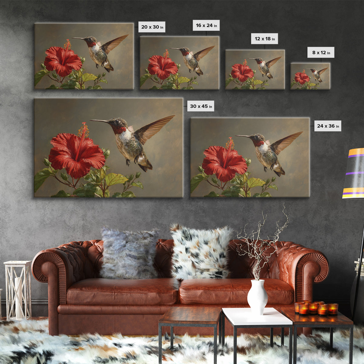 Hummingbird Hovering Beside Bright Hibiscus Canvas Print, Bird Art, Botanical Wall Art, Living Room Decor, Fine Art, Flight, BIR-3x2-32