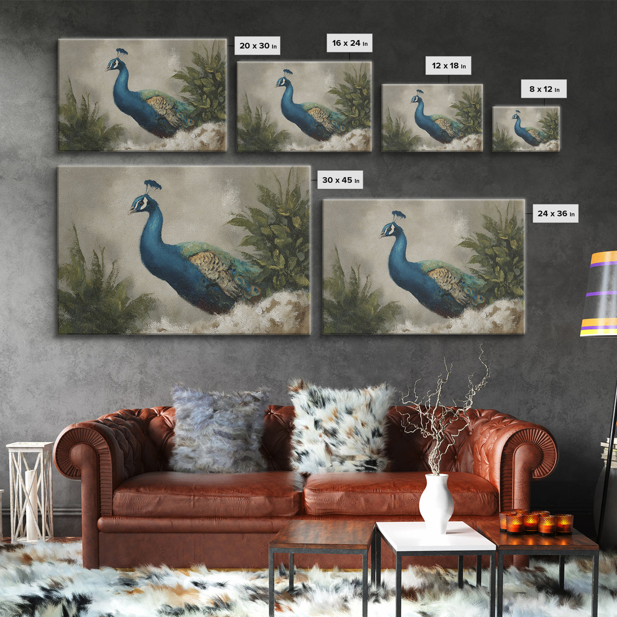 Peacock with Jewel Tone Feather Pattern Framed Canvas Print, Bird Art, Nature Wall Art, Living Room Decor, Fine Art, Flight, BIR-3x2-35