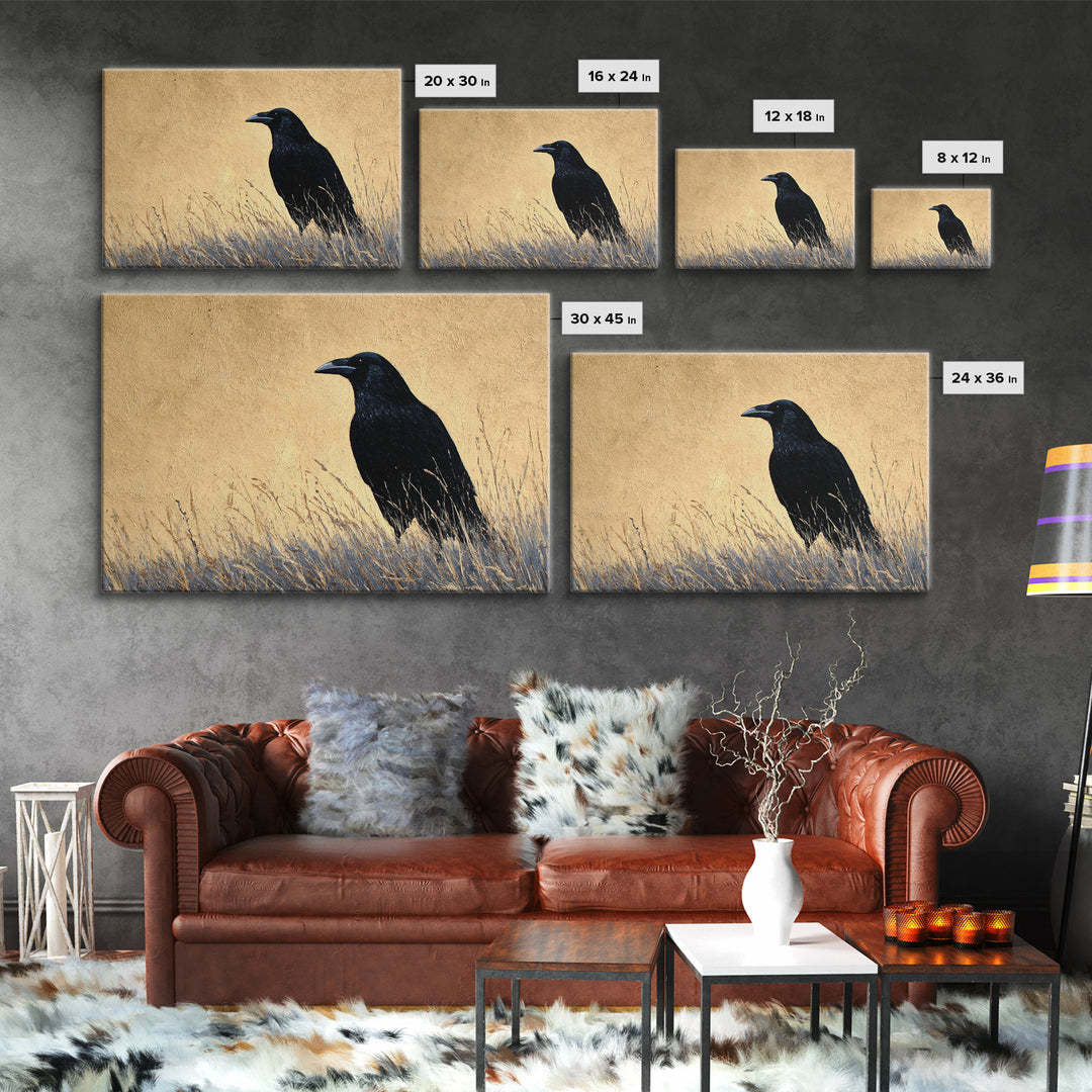 Raven Silhouette with Gothic Atmosphere Canvas Print, Bird Art, Mid Century Wall Art, Living Room Decor, Oil Painting, Flight, BIR-3x2-37
