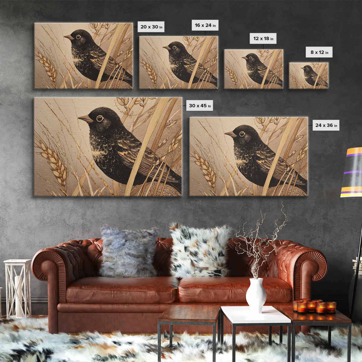 Blackbird on Gold Wheat Field Canvas Print, Bird Art, Mid Century Modern, Living Room Decor, Oil Painting, Flight, BIR-3x2-4