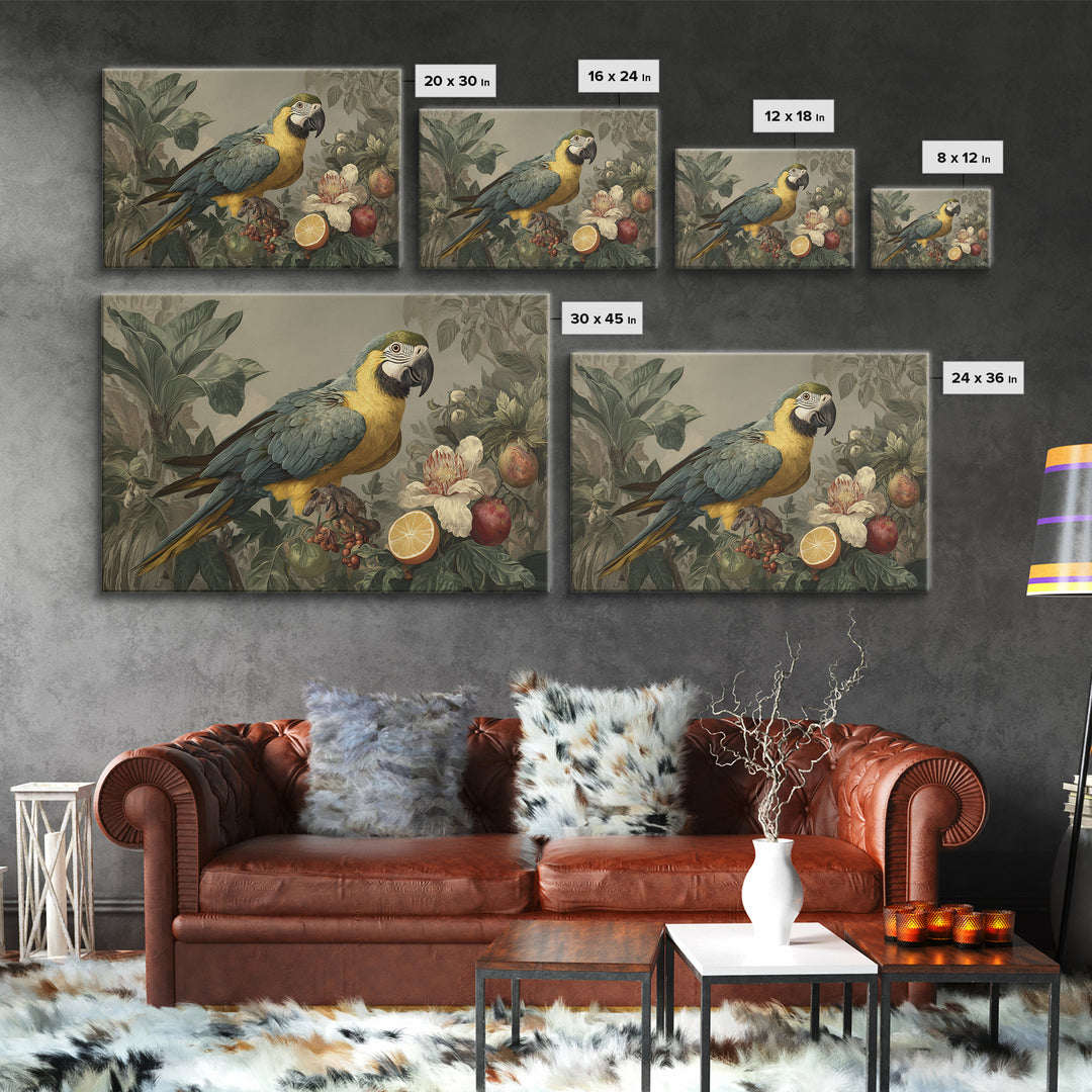 Parrot Among Tropical Leaves and Fruit Framed Canvas Print, Bird Art, Digital Download Art, Living Room Decor, Watercolor Art, BIR-3x2-41