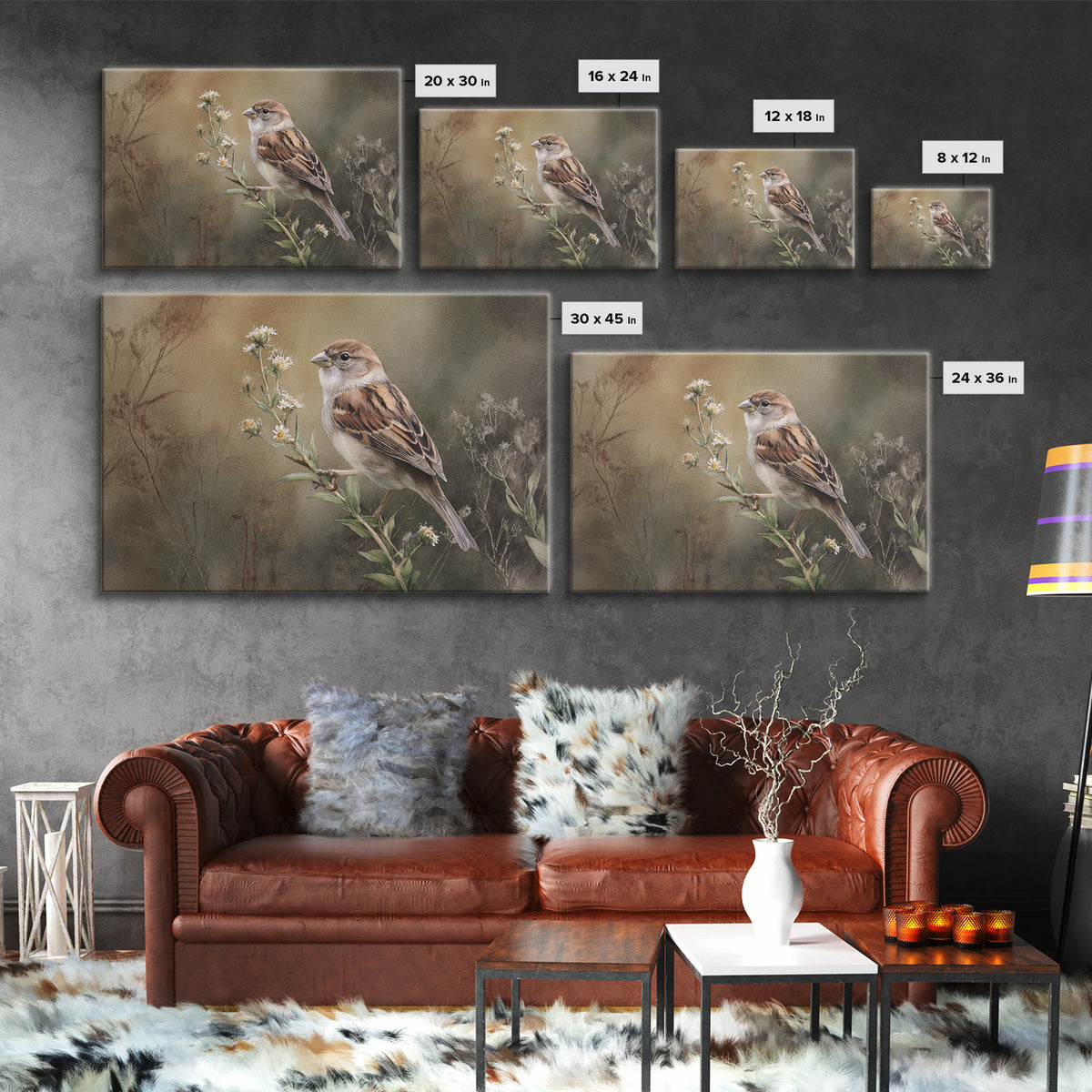 Small Sparrow on Wildflower Stem Canvas Print, Bird Art, Modern Wall Art, Living Room Decor, Watercolor Art, Flight, BIR-3x2-42
