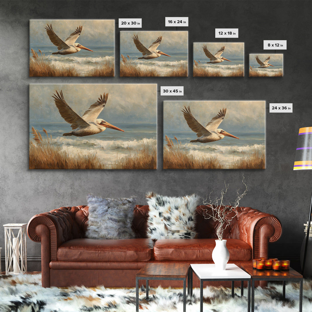 Pelican Flying over Coastal Waves Framed Canvas Print, Bird Art, Boho Wall Decor, Living Room Decor, Fine Art, Flight, BIR-3x2-46