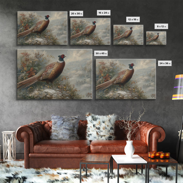 Pheasant with Ornate Feather Details Framed Canvas Print, Bird Art, Room Decor, Living Room Decor, Oil Painting, Flight, BIR-3x2-47