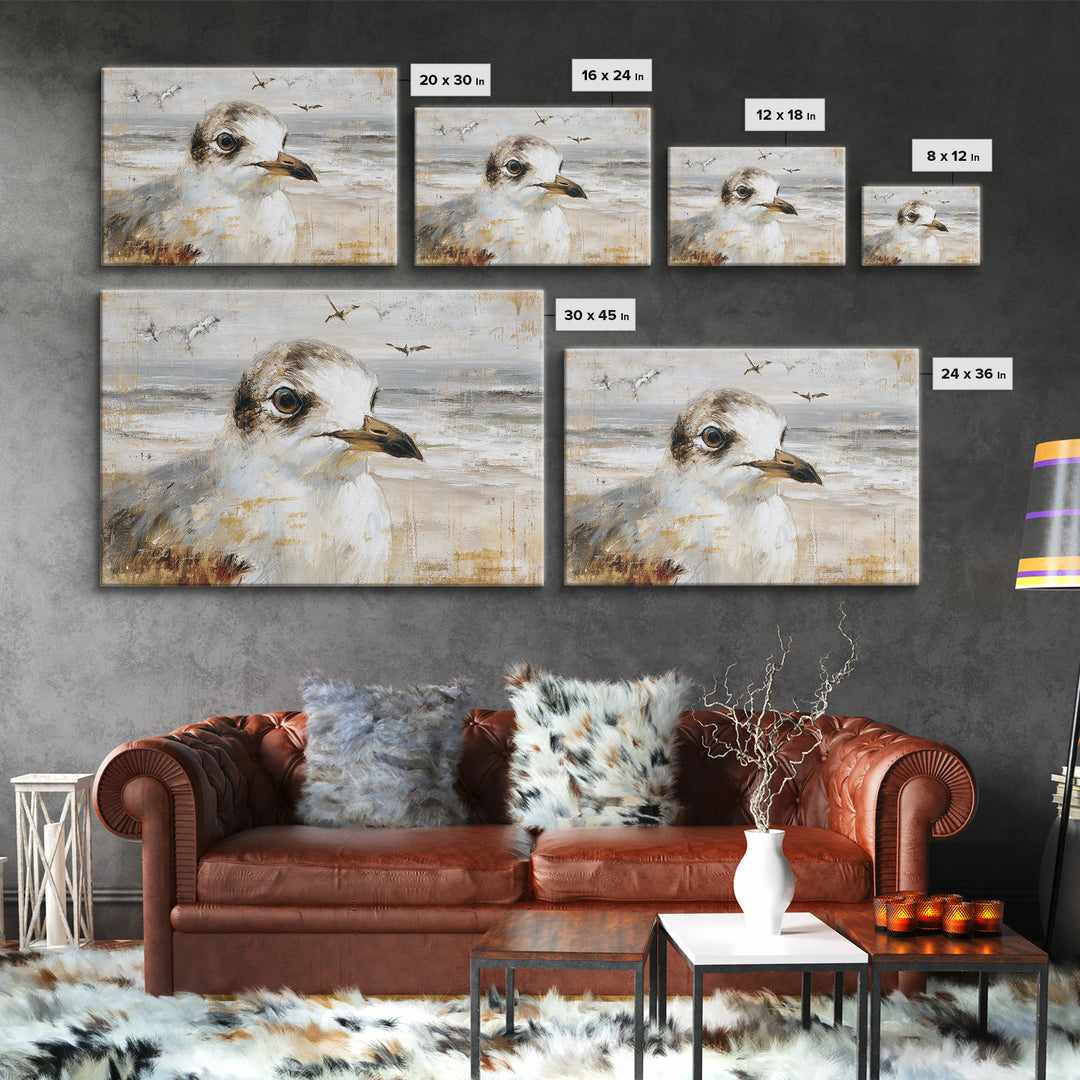 Seagulls Above a Pale Beach Horizon Canvas Print, Bird Art, Mid Century Wall Art, Living Room Decor, Fine Art, Flight, BIR-3x2-48