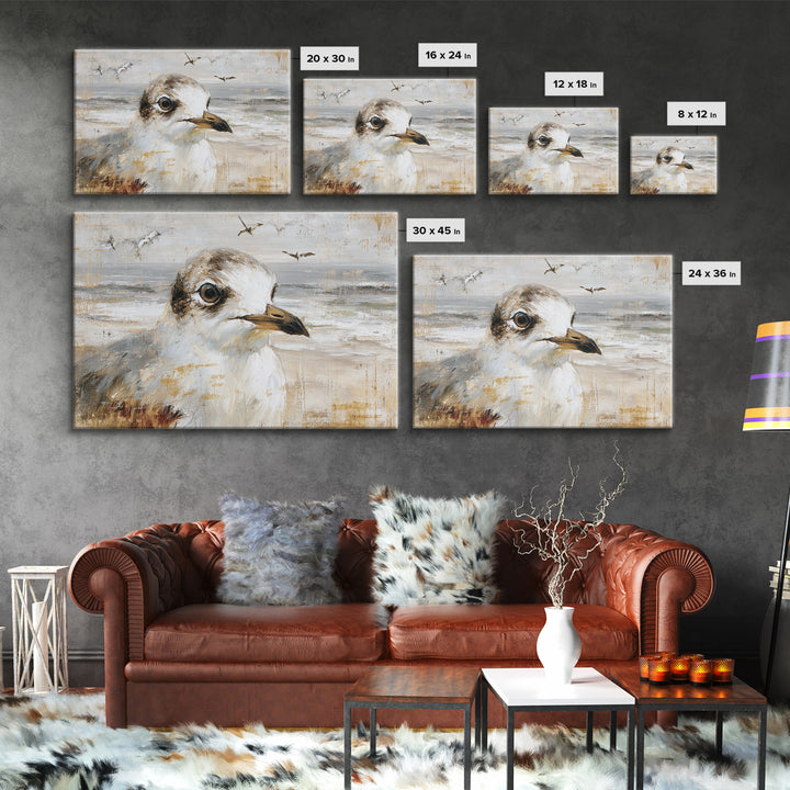 Seagulls Above a Pale Beach Horizon Canvas Print, Bird Art, Mid Century Wall Art, Living Room Decor, Fine Art, Flight, BIR-3x2-48