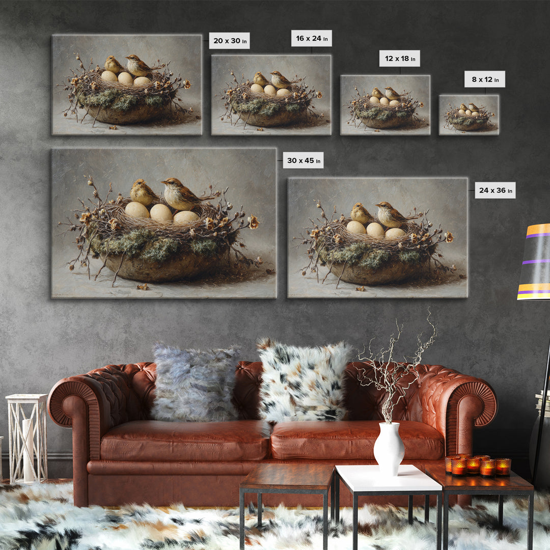 Bird Nest with Eggs and Delicate Twigs Framed Canvas Print, Bird Art, Living Room Decor, Oil Painting, Flight, BIR-3x2-50