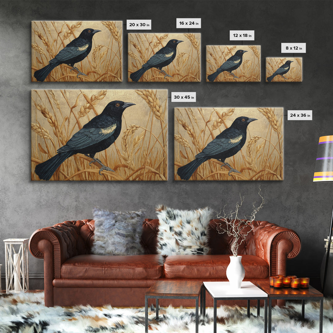 Blackbird on Gold Wheat Field Canvas Print, Bird Art, Modern Art, Living Room Decor, Abstract Art, Flight, Floral Art, BIR-3x2-52