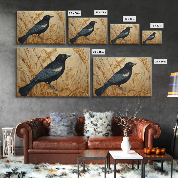 Blackbird on Gold Wheat Field Canvas Print, Bird Art, Modern Art, Living Room Decor, Abstract Art, Flight, Floral Art, BIR-3x2-52
