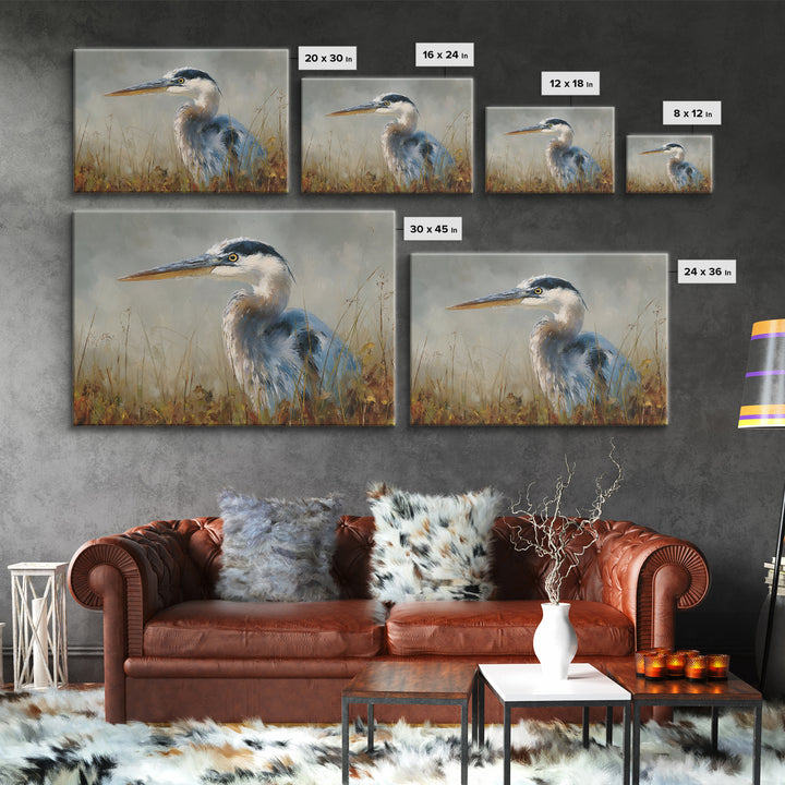 Blue Heron in Misty Marsh Grass Canvas Print, Bird Art, Modern Art, Living Room Decor, Flight, Floral Art, Forest Wall Art, BIR-3x2-54