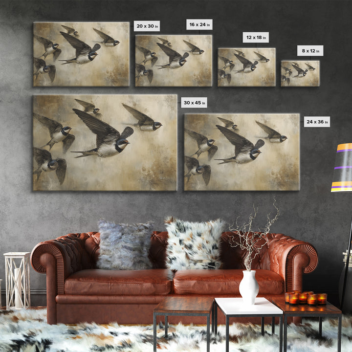 Flock of Swallows Sweeping Across Open Sky Canvas Print, Bird Art, Botanical Wall Art, Living Room Decor, Watercolor Art, BIR-3x2-58