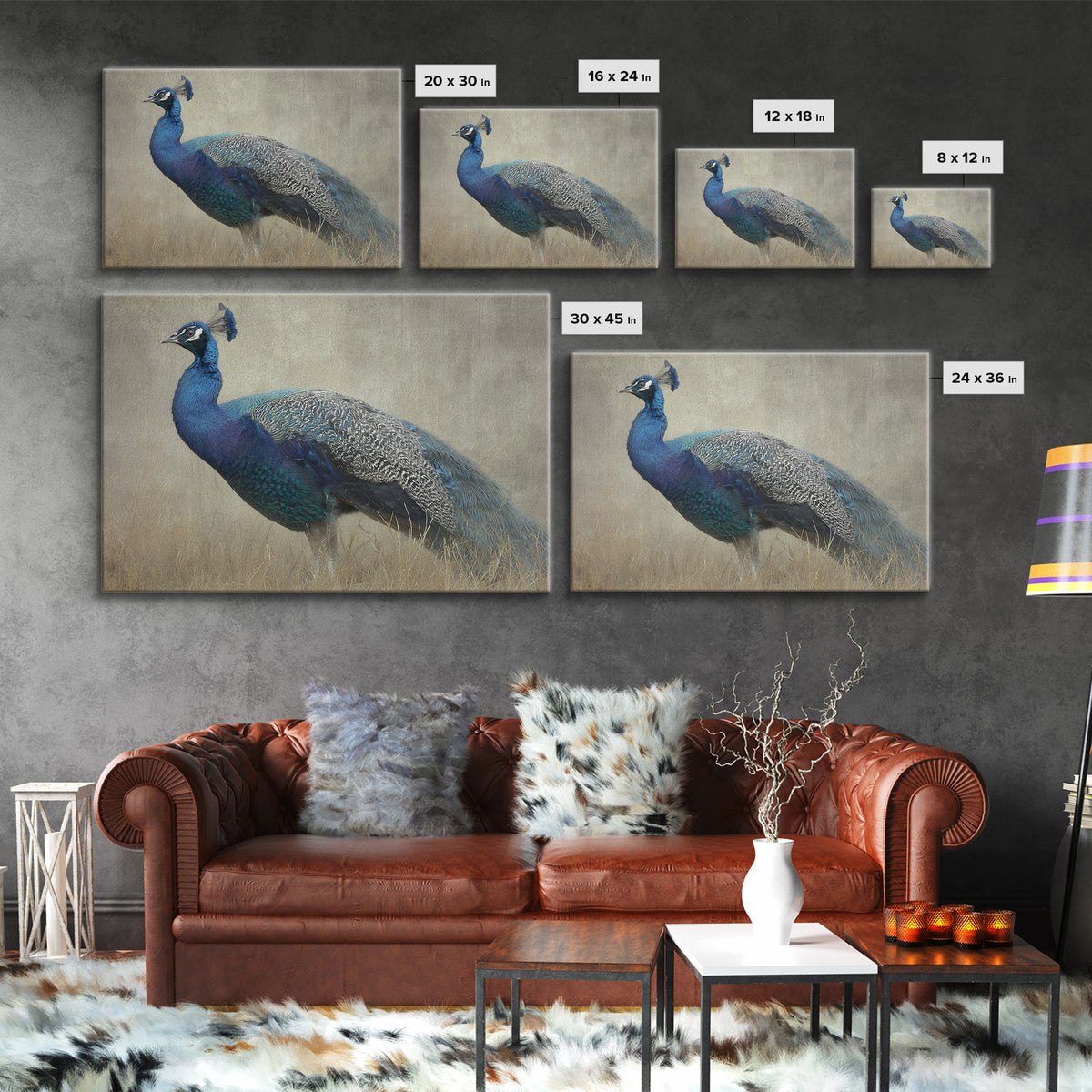 Peacock with Jewel Tone Feather Pattern Framed Canvas Print, Bird Art, Art Print, Living Room Decor, Oil Painting, Flight, BIR-3x2-59