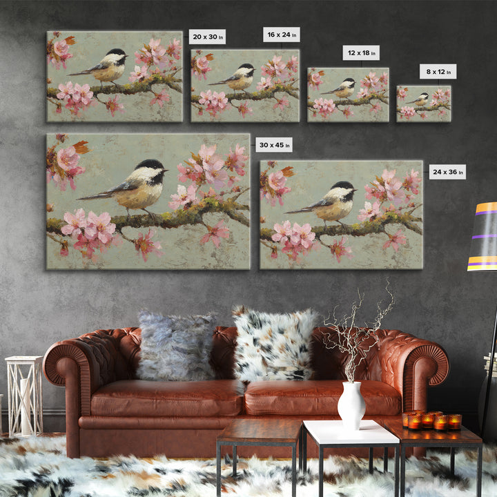Songbird Perched on Cherry Blossoms Framed Canvas Print, Bird Art, Forest Wall Art, Living Room Decor, Fine Art, Flight, BIR-3x2-60