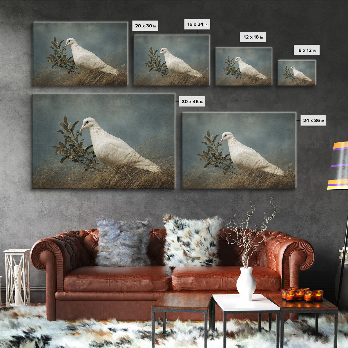 White Dove with Olive Branch and Calm Canvas Print, Bird Art, Neutral Decor, Living Room Decor, Oil Painting, Flight, BIR-3x2-68