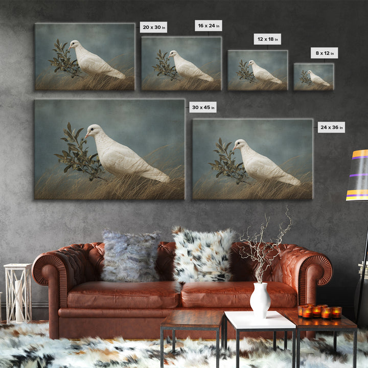 White Dove with Olive Branch and Calm Canvas Print, Bird Art, Neutral Decor, Living Room Decor, Oil Painting, Flight, BIR-3x2-68