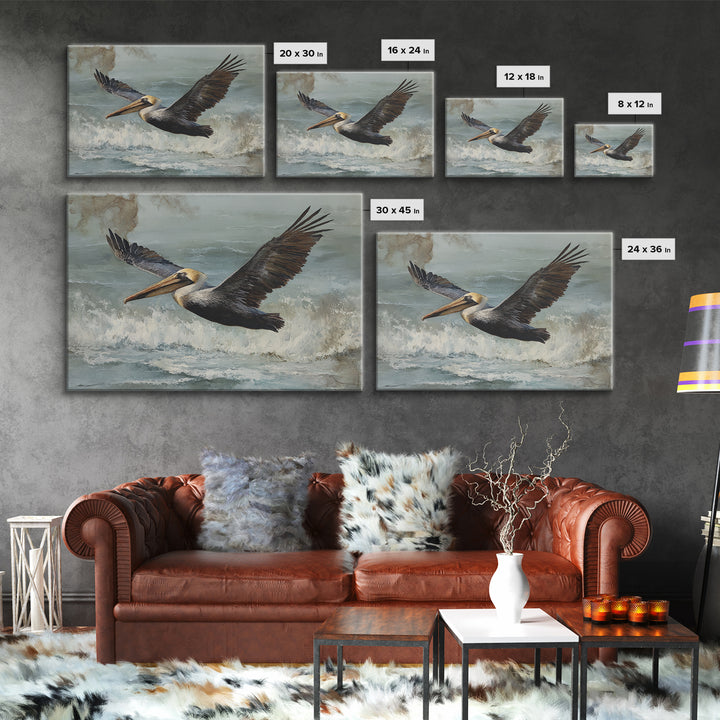 Pelican Flying over Coastal Waves Framed Canvas Print, Bird Art, Boho Wall Decor, Living Room Decor, Fine Art, Flight, BIR-3x2-70