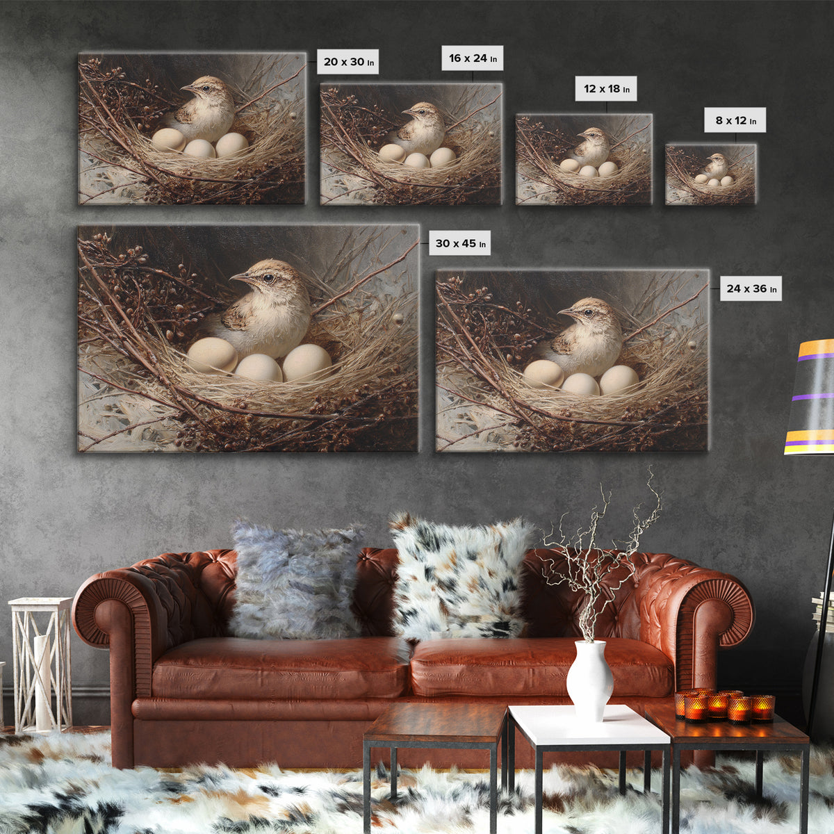 Bird Nest with Eggs and Delicate Twigs Framed Canvas Print, Bird Art, Living Room Decor, Oil Painting, Flight, BIR-3x2-74